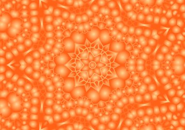 Dijital illüstrasyon, geometrik soyut renkli kaleydoskop simetrik desen ve gradyan etkisi. Klasik güzel dekoratif turuncu arka plan