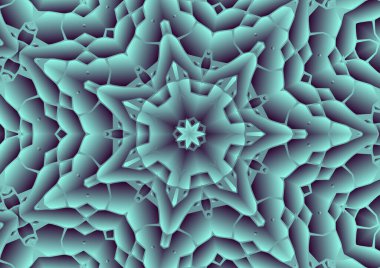 Dijital illüstrasyon, geometrik soyut renkli kaleydoskop simetrik desen ve gradyan etkisi. Klasik güzel dekoratif yeşil arkaplan