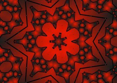 Dijital illüstrasyon, geometrik soyut renkli kaleydoskop simetrik desen ve gradyan etkisi. Klasik güzel dekoratif kırmızı arkaplan