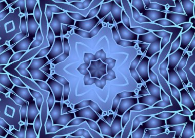 Dijital illüstrasyon, geometrik soyut renkli kaleydoskop simetrik desen ve gradyan etkisi. Klasik güzel dekoratif mavi arkaplan
