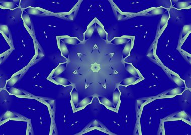 Dijital illüstrasyon, geometrik soyut renkli kaleydoskop simetrik desen ve gradyan etkisi. Klasik güzel dekoratif mavi arkaplan