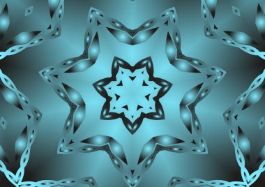 Dijital illüstrasyon, geometrik soyut renkli kaleydoskop simetrik desen ve gradyan etkisi. Klasik güzel dekoratif mavi arkaplan