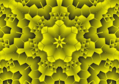 Dijital illüstrasyon, geometrik soyut renkli kaleydoskop simetrik desen ve gradyan etkisi. Klasik güzel dekoratif sarı arkaplan