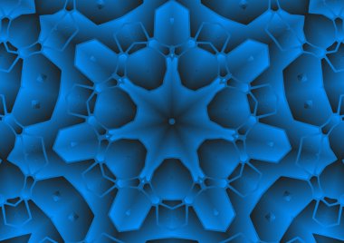 Dijital illüstrasyon, geometrik soyut renkli kaleydoskop simetrik desen ve gradyan etkisi. Klasik güzel dekoratif mavi arkaplan