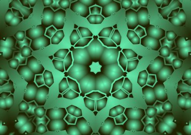 Dijital illüstrasyon, geometrik soyut renkli kaleydoskop simetrik desen ve gradyan etkisi. Klasik güzel dekoratif yeşil arkaplan