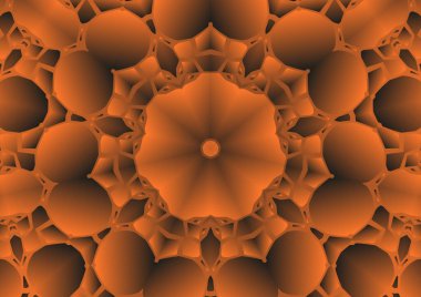 Dijital illüstrasyon, geometrik soyut renkli kaleydoskop simetrik desen ve gradyan etkisi. Klasik güzel dekoratif turuncu arka plan