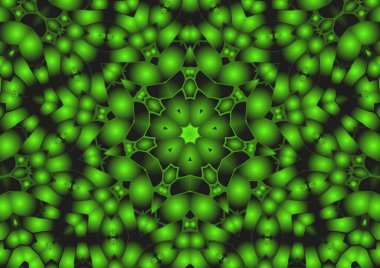 Dijital illüstrasyon, geometrik soyut renkli kaleydoskop simetrik desen ve gradyan etkisi. Klasik güzel dekoratif yeşil arkaplan