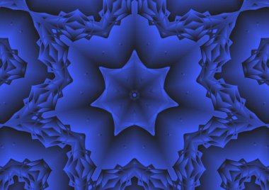 Dijital illüstrasyon, geometrik soyut renkli kaleydoskop simetrik desen ve gradyan etkisi. Klasik güzel dekoratif mavi arkaplan