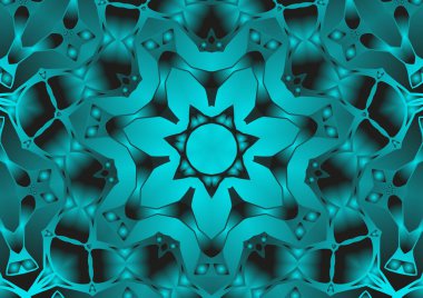 Dijital illüstrasyon, geometrik soyut renkli kaleydoskop simetrik desen ve gradyan etkisi. Klasik güzel dekoratif mavi arkaplan