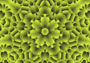 Dijital illüstrasyon, geometrik soyut renkli kaleydoskop simetrik desen ve gradyan etkisi. Klasik güzel dekoratif sarı arkaplan