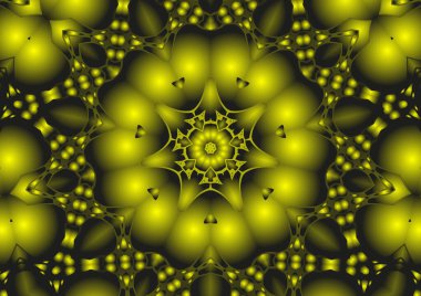 Dijital illüstrasyon, geometrik soyut renkli kaleydoskop simetrik desen ve gradyan etkisi. Klasik güzel dekoratif sarı arkaplan