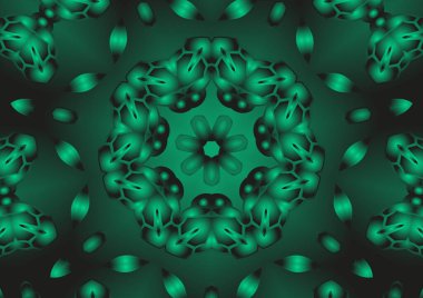 Dijital illüstrasyon, geometrik soyut renkli kaleydoskop simetrik desen ve gradyan etkisi. Klasik güzel dekoratif yeşil arkaplan