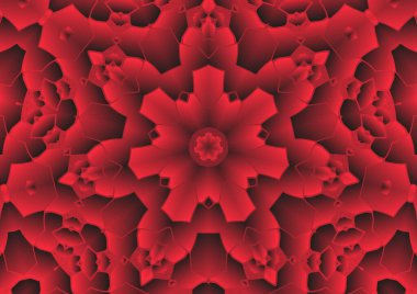 Dijital illüstrasyon, geometrik soyut renkli kaleydoskop simetrik desen ve gradyan etkisi. Klasik güzel dekoratif kırmızı arkaplan