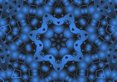 Dijital illüstrasyon, geometrik soyut renkli kaleydoskop simetrik desen ve gradyan etkisi. Klasik güzel dekoratif mavi arkaplan