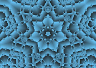 Dijital illüstrasyon, geometrik soyut renkli kaleydoskop simetrik desen ve gradyan etkisi. Klasik güzel dekoratif mavi arkaplan