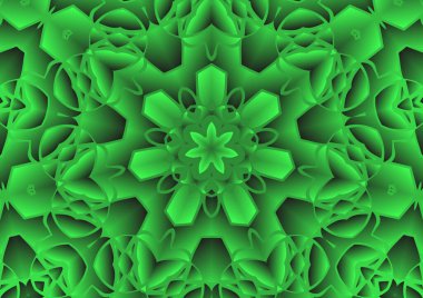 Dijital illüstrasyon, geometrik soyut renkli kaleydoskop simetrik desen ve gradyan etkisi. Klasik güzel dekoratif yeşil arkaplan