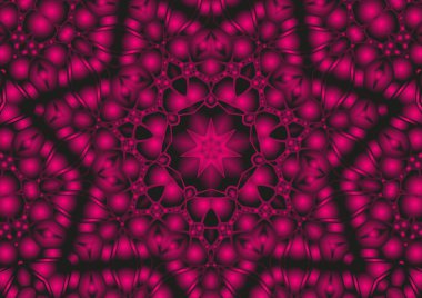 Dijital illüstrasyon, geometrik soyut renkli kaleydoskop simetrik desen ve gradyan etkisi. Klasik güzel dekoratif kırmızı arkaplan