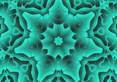 Dijital illüstrasyon, geometrik soyut renkli kaleydoskop simetrik desen ve gradyan etkisi. Klasik güzel dekoratif yeşil arkaplan