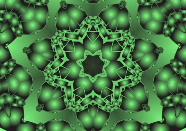Dijital illüstrasyon, geometrik soyut renkli kaleydoskop simetrik desen ve gradyan etkisi. Klasik güzel dekoratif yeşil arkaplan