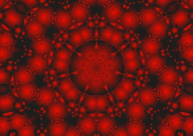 Dijital illüstrasyon, geometrik soyut renkli kaleydoskop simetrik desen ve gradyan etkisi. Klasik güzel dekoratif kırmızı arkaplan