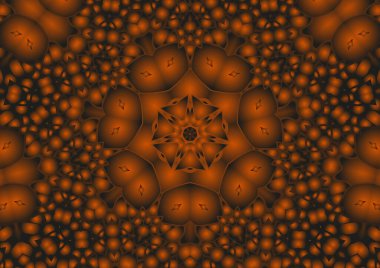 Dijital illüstrasyon, geometrik soyut renkli kaleydoskop simetrik desen ve gradyan etkisi. Klasik güzel dekoratif turuncu arka plan