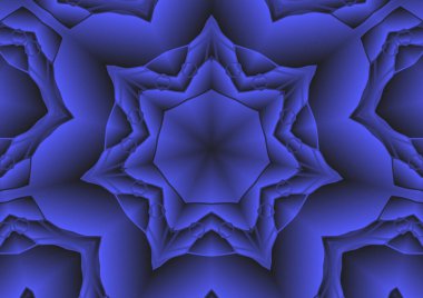 Dijital illüstrasyon, geometrik soyut renkli kaleydoskop simetrik desen ve gradyan etkisi. Klasik güzel dekoratif mavi arkaplan