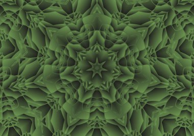 Dijital illüstrasyon, geometrik soyut renkli kaleydoskop simetrik desen ve gradyan etkisi. Klasik güzel dekoratif yeşil arkaplan