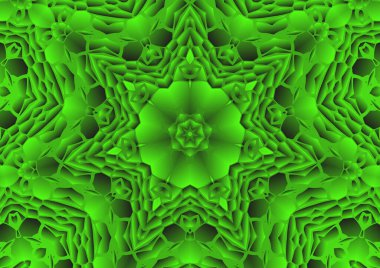 Dijital illüstrasyon, geometrik soyut renkli kaleydoskop simetrik desen ve gradyan etkisi. Klasik güzel dekoratif yeşil arkaplan