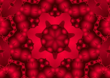 Dijital illüstrasyon, geometrik soyut renkli kaleydoskop simetrik desen ve gradyan etkisi. Klasik güzel dekoratif kırmızı arkaplan