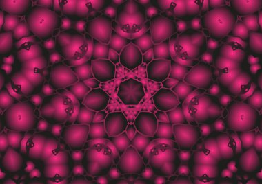 Dijital illüstrasyon, geometrik soyut renkli kaleydoskop simetrik desen ve gradyan etkisi. Klasik güzel dekoratif pembe arkaplan
