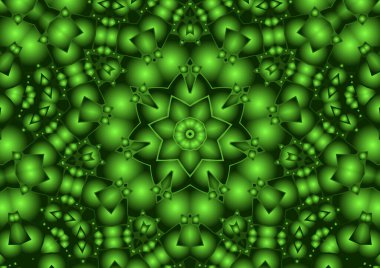 Dijital illüstrasyon, geometrik soyut renkli kaleydoskop simetrik desen ve gradyan etkisi. Klasik güzel dekoratif yeşil arkaplan