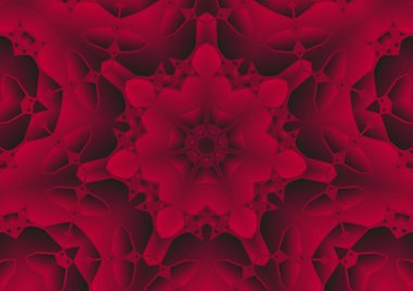 Dijital illüstrasyon, geometrik soyut renkli kaleydoskop simetrik desen ve gradyan etkisi. Klasik güzel dekoratif kırmızı arkaplan