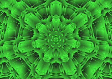 Dijital illüstrasyon, geometrik soyut renkli kaleydoskop simetrik desen ve gradyan etkisi. Klasik güzel dekoratif yeşil arkaplan