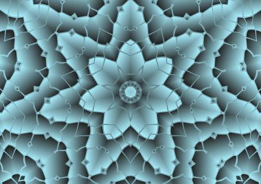 Dijital illüstrasyon, geometrik soyut renkli kaleydoskop simetrik desen ve gradyan etkisi. Klasik güzel dekoratif mavi arkaplan