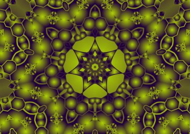 Dijital illüstrasyon, geometrik soyut renkli kaleydoskop simetrik desen ve gradyan etkisi. Klasik güzel dekoratif arkaplan