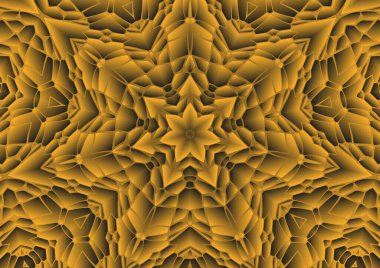 Dijital illüstrasyon, geometrik soyut renkli kaleydoskop simetrik desen ve gradyan etkisi. Klasik güzel dekoratif turuncu arka plan