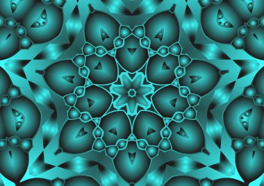 Dijital illüstrasyon, geometrik soyut renkli kaleydoskop simetrik desen ve gradyan etkisi. Klasik güzel dekoratif mavi arkaplan