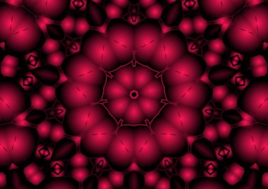 Dijital illüstrasyon, geometrik soyut renkli kaleydoskop simetrik desen ve gradyan etkisi. Klasik güzel dekoratif kırmızı arkaplan