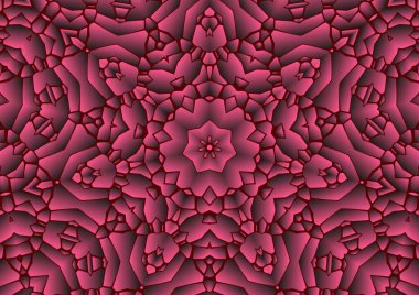 Dijital illüstrasyon, geometrik soyut renkli kaleydoskop simetrik desen ve gradyan etkisi. Klasik güzel dekoratif kırmızı arkaplan