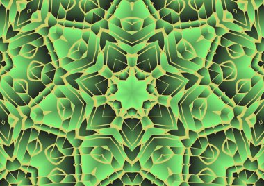 Dijital illüstrasyon, geometrik soyut renkli kaleydoskop simetrik desen ve gradyan etkisi. Klasik güzel dekoratif yeşil arkaplan