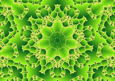 Dijital illüstrasyon, geometrik soyut renkli kaleydoskop simetrik desen ve gradyan etkisi. Klasik güzel dekoratif yeşil arkaplan