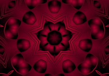 Dijital illüstrasyon, geometrik soyut renkli kaleydoskop simetrik desen ve gradyan etkisi. Klasik güzel dekoratif kırmızı arkaplan