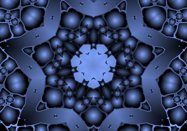 Dijital illüstrasyon, geometrik soyut renkli kaleydoskop simetrik desen ve gradyan etkisi. Klasik güzel dekoratif mavi arkaplan