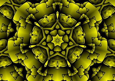 Dijital illüstrasyon, geometrik soyut renkli kaleydoskop simetrik desen ve gradyan etkisi. Klasik güzel dekoratif sarı arkaplan