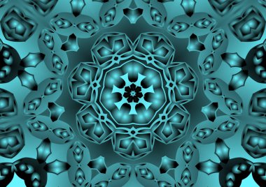 Dijital illüstrasyon, geometrik soyut renkli kaleydoskop simetrik desen ve gradyan etkisi. Klasik güzel dekoratif mavi arkaplan