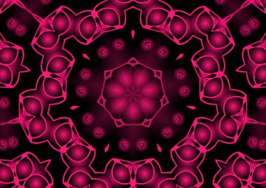 Dijital illüstrasyon, geometrik soyut renkli kaleydoskop simetrik desen ve gradyan etkisi. Klasik güzel dekoratif kırmızı arkaplan