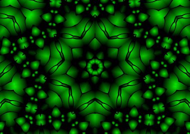 Dijital illüstrasyon, geometrik soyut renkli kaleydoskop simetrik desen ve gradyan etkisi. Klasik güzel dekoratif yeşil arkaplan