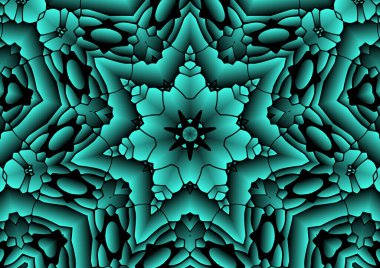 Dijital illüstrasyon, geometrik soyut renkli kaleydoskop simetrik desen ve gradyan etkisi. Klasik güzel dekoratif arkaplan