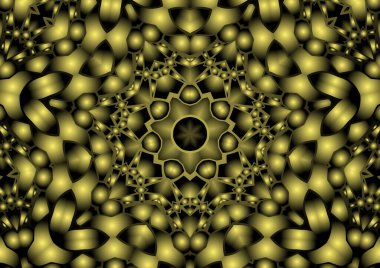 Dijital illüstrasyon, geometrik soyut renkli kaleydoskop simetrik desen ve gradyan etkisi. Klasik güzel dekoratif sarı arkaplan