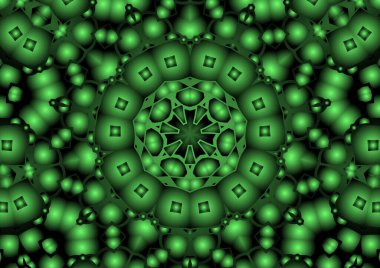 Dijital illüstrasyon, geometrik soyut renkli kaleydoskop simetrik desen ve gradyan etkisi. Klasik güzel dekoratif yeşil arkaplan